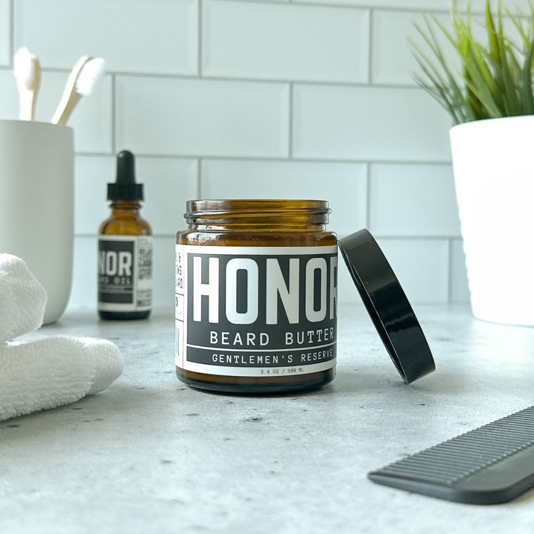 Gentlemen's Reserve beard butter on sink with white background
