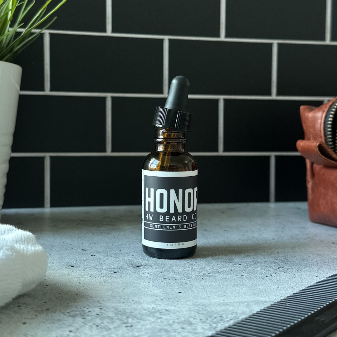 Gentlemen's reserve hw beard oil on sink with black background